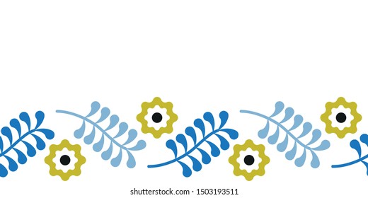 Vector flower and twig shape made into folk repeat border. Great for invitations, decor,  packaging.
