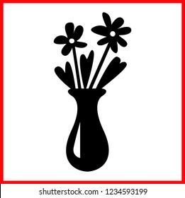Vector flower vase icon isolated on white background. Flowers in a vase. Black silhouette, drawing, illustration, flat symbol.