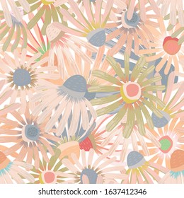 Vector flower wall in pastel hues of pink seamless pattern background. Hand painted echinacea flowers dense texture design. For summer, spring, cosmetic products, packaging, stationery, fabric