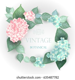 Vector Flower Wedding Invitation Card With Pink and Green Hydrangea Frame. Romantic Design With Blooming Hand Drawn Hydrangea Bouquet. Vintage Summer background illustration. 