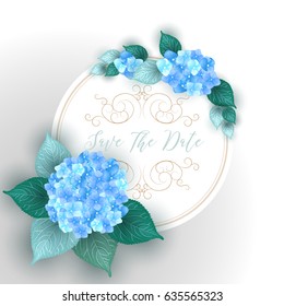 Vector Flower Wedding Invitation Card With Pink Hydrangea Frame. Romantic Design With Blooming Hand Drawn Hydrangea Bouquet. Vintage Summer background illustration. 