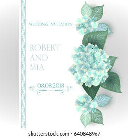 Vector Flower Wedding Invitation Card With Green Hydrangea Frame. Romantic Design With Blooming Hand Drawn Hydrangea Bouquet. Vintage Summer background illustration. 