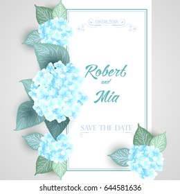 Vector Flower Wedding Invitation Card With Blue and Green Hydrangea Frame. Romantic Design With Blooming Hand Drawn Hydrangea Bouquet. Vintage Summer background illustration. 