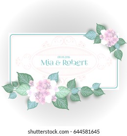 Vector Flower Wedding Invitation Card With Blue and Green Hydrangea Frame. Romantic Design With Blooming Hand Drawn Hydrangea Bouquet. Vintage Summer background illustration. 