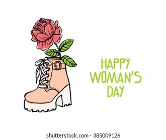 vector flower in women's shoes. Rose. Boots. Vase. international women's day. postcard on 8 March.
