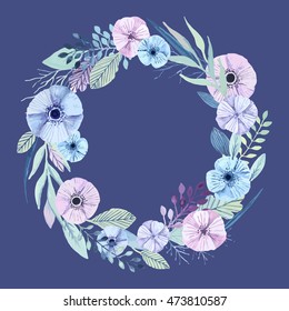 Vector flower wreath. Elegant floral elements. Cute pastel plants. Watercolor effect.