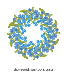 Vector. Flower wreath forget-me-not is an emblem of loyalty to blue light and dark blue color, illustrations in 3D.