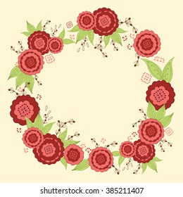 Vector flower wreath in a hand drawn doodle style. Vintage floral wreath. Decorative floral element for design of invitations, covers, notebooks and other items in the red colors.