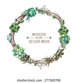 Vector flower wreath of succulents in a watercolor style. Vintage floral wreath. Decorative floral element for design of invitations, covers, notebooks and other items. Floral wreath ?4