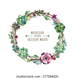 Vector flower wreath of succulents in a watercolor style. Vintage floral wreath. Decorative floral element for design of invitations, covers, notebooks and other items. Floral wreath ?2