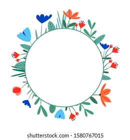 Vector flower wreath. Summer floral frame with bright leaves and flowers. Design for invitation, wedding or greeting cards.