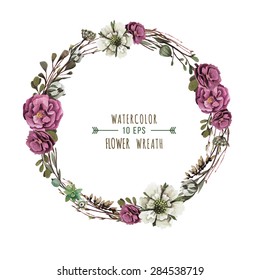 Vector flower wreath in a watercolor style. Vintage floral wreath. Decorative floral element for design of invitations, covers, notebooks and other items. 