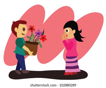 Vector - Flower for you.The man gift flower in a pot to his girlfriend.