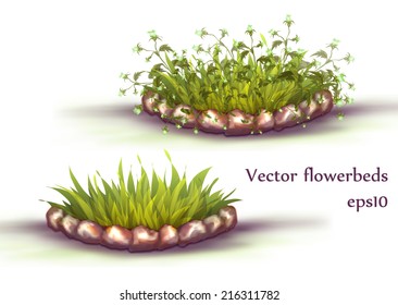 Vector flowerbed with grass and flowers on white background.