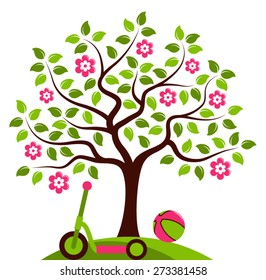 vector flowering tree with ball and scooter isolated on white background