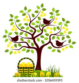vector flowering tree with birds and easter eggs in basket isolated on white background
