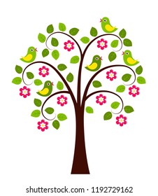 vector flowering tree with birds isolated on white background