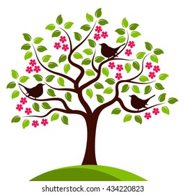 vector flowering tree with birds isolated on white background