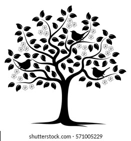 vector flowering tree with birds isolated on white background