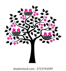Árbol de floración de Vector con pájaros en nidos aislados sobre fondo blanco