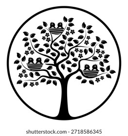 Árbol de floración de Vector con pájaros en nidos en redondo aislado sobre fondo blanco