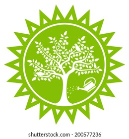 vector flowering tree with birds and watering can in sun isolated on white background