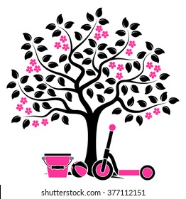 vector flowering tree with bucket, ball and scooter isolated on white background