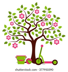 vector flowering tree with bucket, ball and scooter isolated on white background