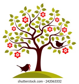 vector flowering tree and couple of birds isolated on white background