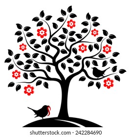 vector flowering tree and couple of birds isolated on white background