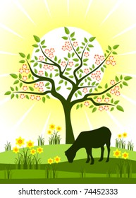 vector flowering tree, daffodils and grazing goat
