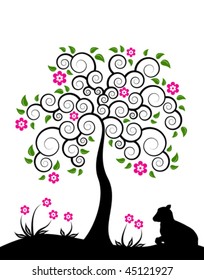 vector flowering tree and goat kid on white background