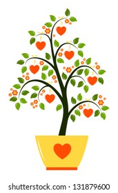 vector flowering tree with hearts in pot isolated on white background