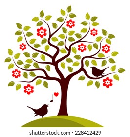 vector flowering tree and love birds isolated on white background