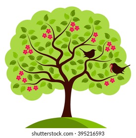 vector flowering tree with mother bird and baby bird isolated on white background