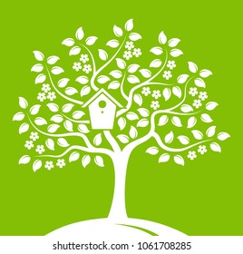 vector flowering tree with nesting bird box isolated on green background