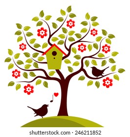 vector flowering tree with nesting bird box and couple of birds isolated on white background