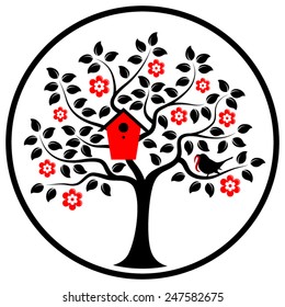 vector flowering tree with nesting bird box and bird bringing worm in round isolated on white background