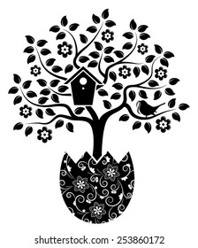 vector flowering tree with nesting bird box and bird bringing worm in egg pot isolated on white background