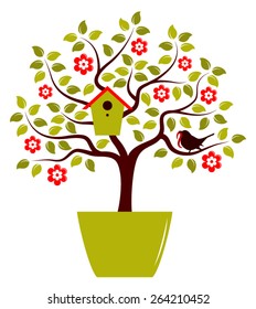 vector flowering tree with nesting bird box and bird bringing worm in pot isolated on white background