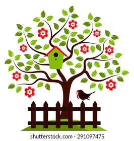 vector flowering tree with nesting bird box and picket fence with bird isolated on white background