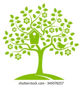 vector flowering tree with nesting bird box and bird bringing worm isolated on white background