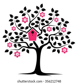 vector flowering tree with nesting bird box isolated on white background