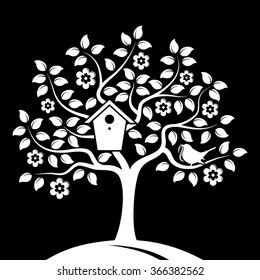 vector flowering tree with nesting bird box and bird bringing worm isolated on black background