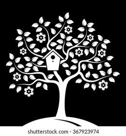 vector flowering tree with nesting bird box isolated on black background