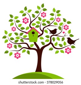 vector flowering tree with nesting bird box and couple of birds isolated on white background