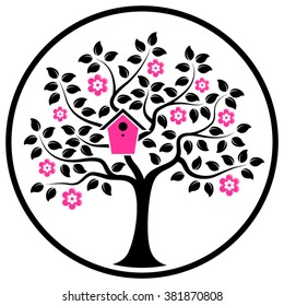 vector flowering tree with nesting bird box in round isolated on white background