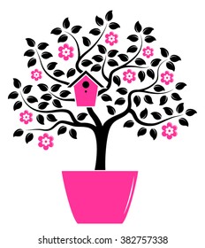 vector flowering tree with nesting bird box in pot isolated on white background