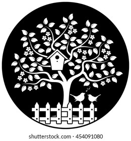 vector flowering tree with nesting bird box and picket fence with couple of birds isolated on black round