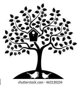 vector flowering tree with nesting bird box and mother bird with baby bird isolated on white background